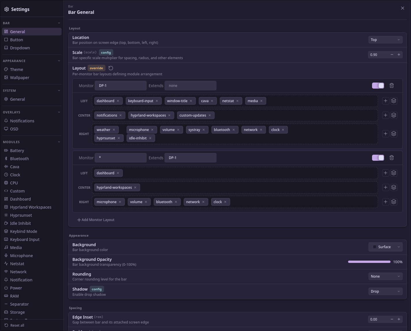 Wayle settings GUI
